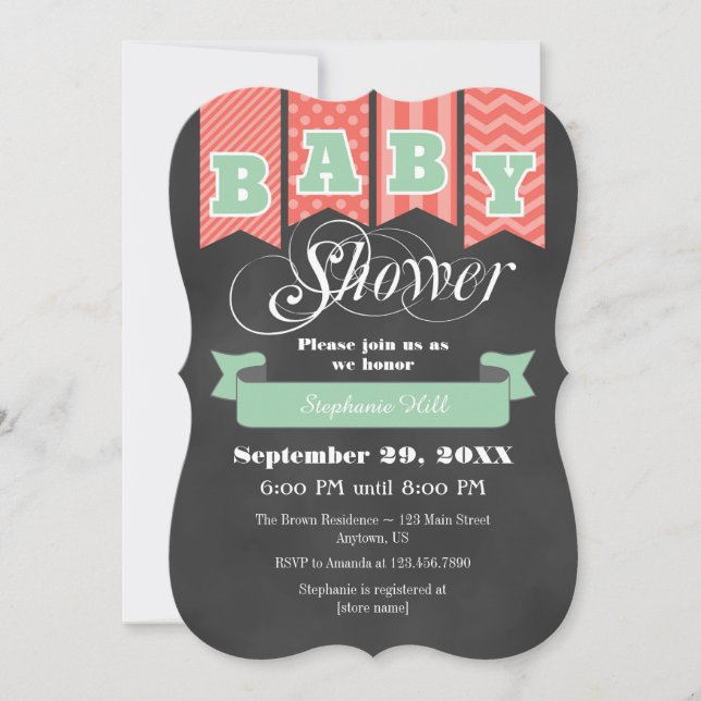Mint Coral Chalkboard Flag Baby Shower Invite (Front)