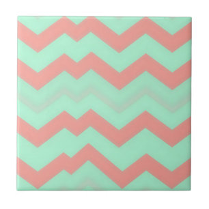 Mint Coral Chevron Pattern Ceramic Tile