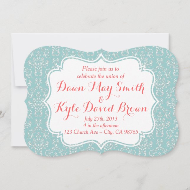 Mint Coral Damask wedding invitation (Front)