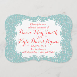 Mint Coral Damask wedding invitation