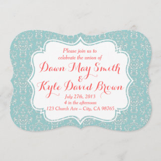 Mint Coral Damask wedding invitation
