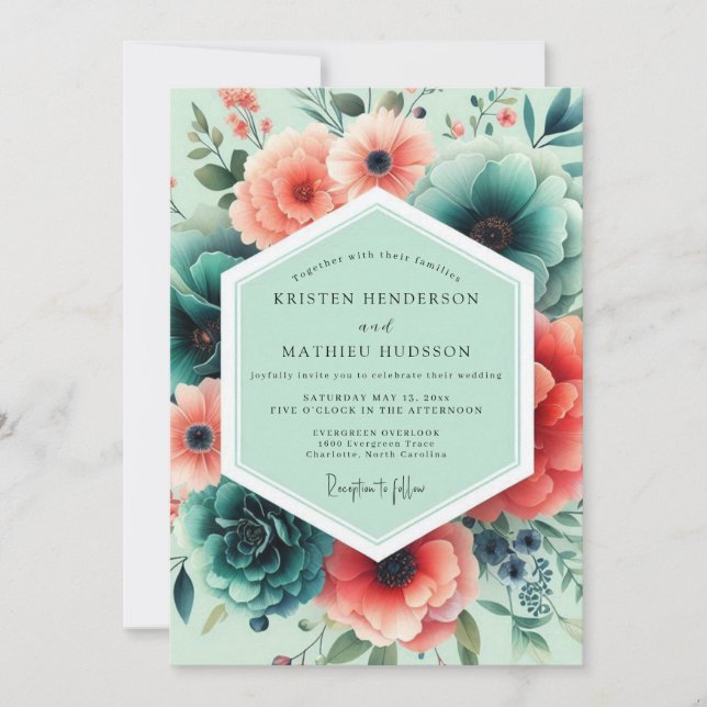 Mint Coral Lush Floral Wedding Invitation (Front)