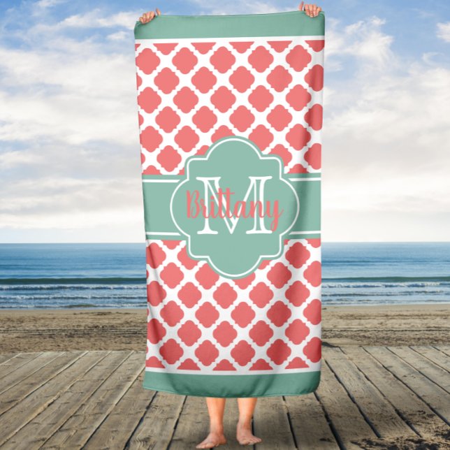 Mint Coral Moroccan Monogrammed Bath Towel (Creator Uploaded)