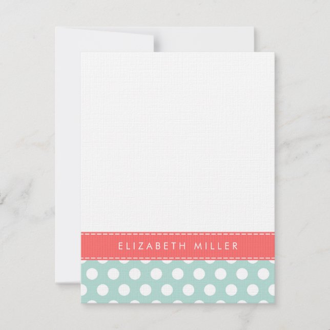 Mint & Coral Ribbon Polka Dots Monogram Note Card (Front)