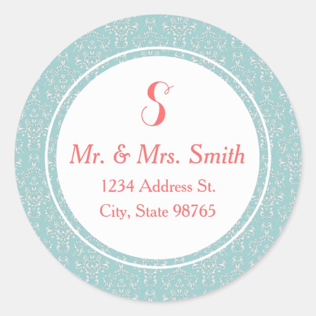 Mint Coral Round Damask Address Label Sticker (Front)