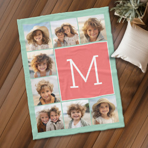 Mint Coral Square 8 Photo Collage Monogram Fleece Blanket