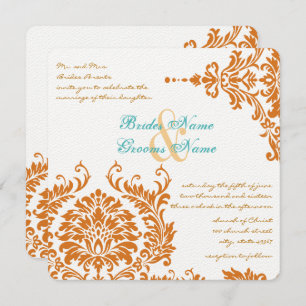 Mint Coral Vintage Floral Damask Wedding Invite