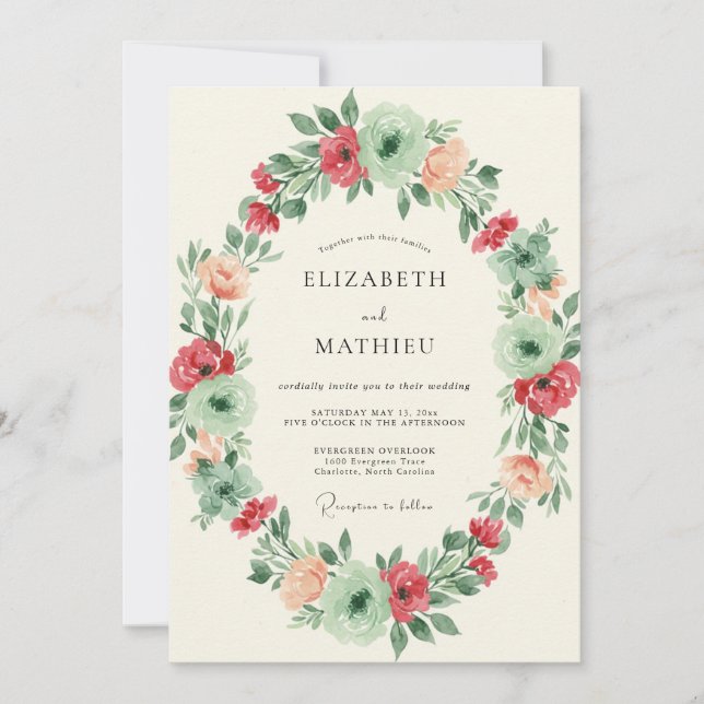 Mint Coral Wreath Wedding Invitation (Front)