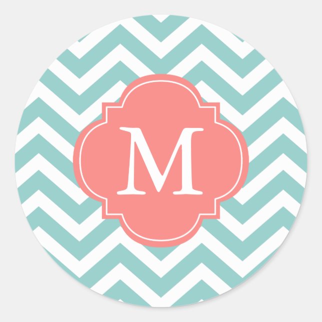 Mint & Coral Zigzags Pattern Monogram Classic Round Sticker (Front)