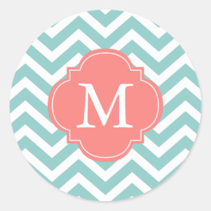 Mint & Coral Zigzags Pattern Monogram Classic Round Sticker