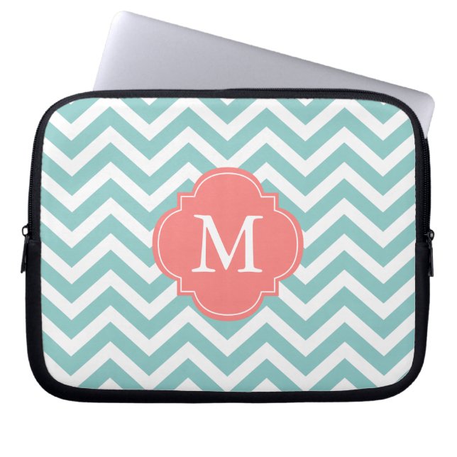 Mint & Coral Zigzags Pattern Monogram Laptop Sleeve (Front)