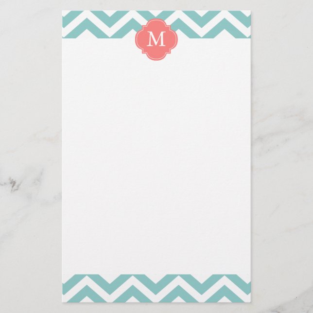 Mint & Coral Zigzags Pattern Monogram Stationery (Front)