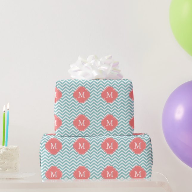 Mint & Coral Zigzags Pattern Monogram Wrapping Paper (Party Gifts)
