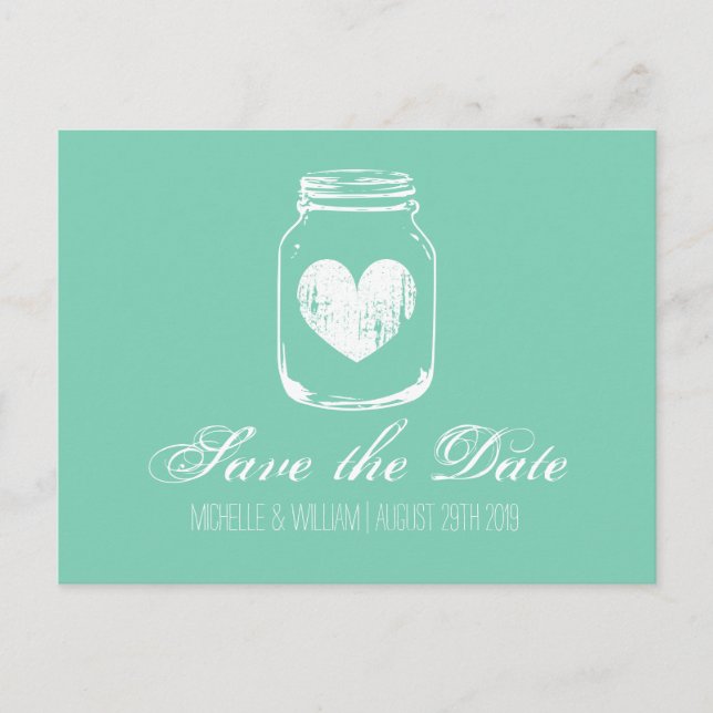 Mint country chic mason jar save the date cards (Front)