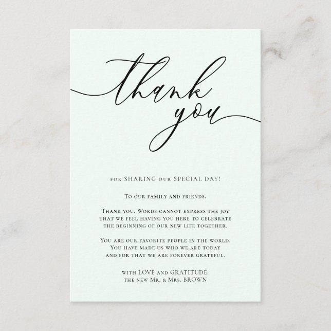 Mint cream Calligraphy Photo Thank You Enclosure Card (Front)