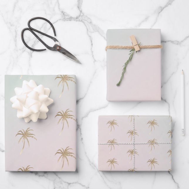 Mint Cream Ombre Tropical Gold Palm Trees        Wrapping Paper Sheet (Front)