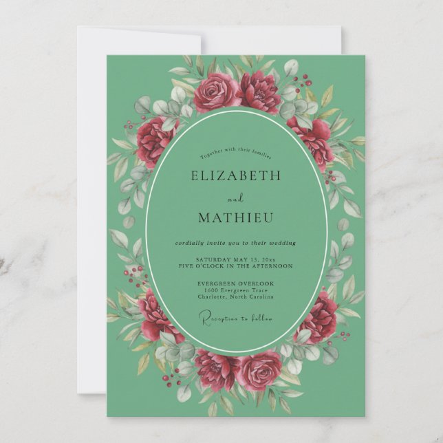 Mint Crimson Peony Wedding Invitation (Front)