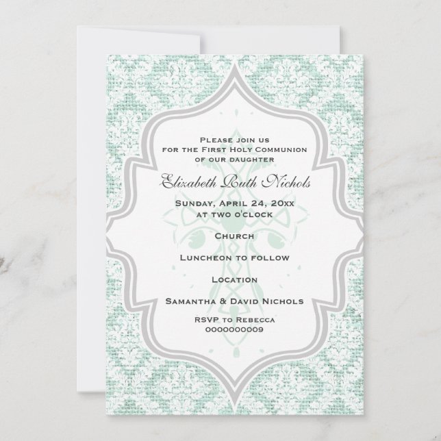Mint Cross white damask burlap First Communion Invitation (Front)