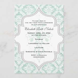 Mint Cross white damask burlap First Communion Invitation