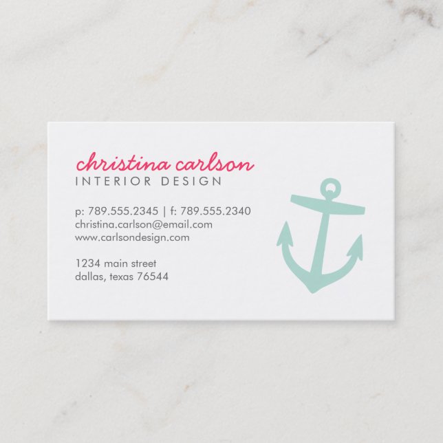 Mint Cute Nautical Anchor & Stripes Business Card (Front)