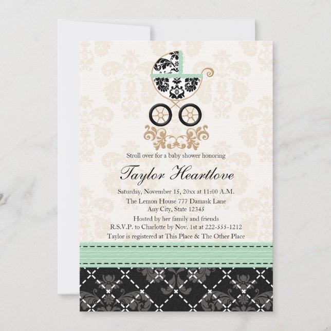 MINT DAMASK BABY CARRIAGE BABY SHOWER INVITATION (Front)