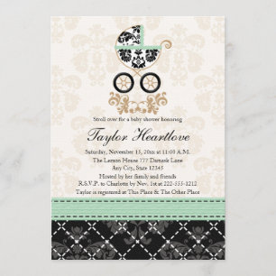 MINT DAMASK BABY CARRIAGE BABY SHOWER INVITATION