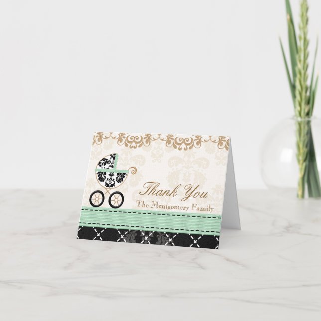 MINT Damask Baby Carriage Shower Thank You Card (Front)