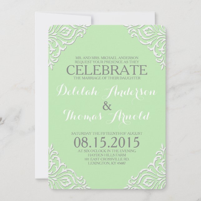 Mint Damask Filigree Elegant Wedding Invitation (Front)