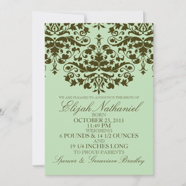 Mint Damask Formal Introduction Birth Announcement (Front)