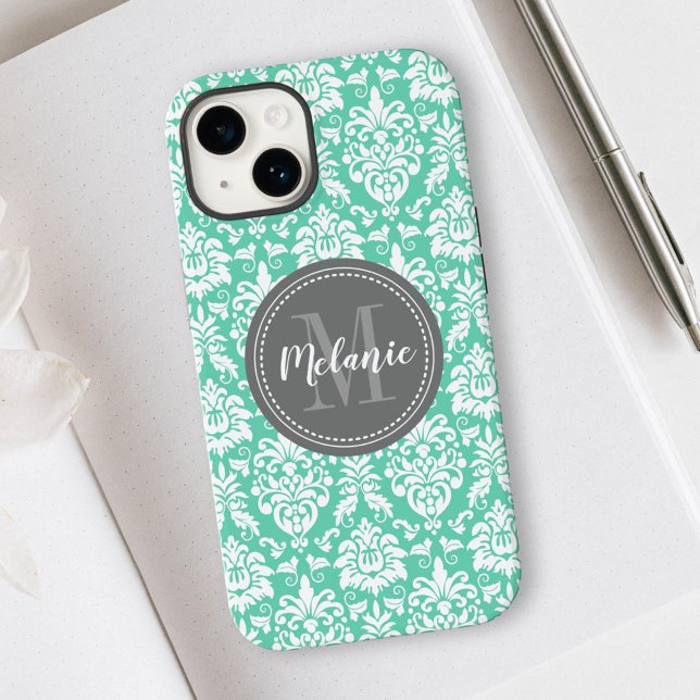 Mint Damask Grey Monogram Name iPhone Case (Creator Uploaded)