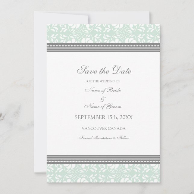 Mint Damask Photo Wedding Save the Date Card (Front)