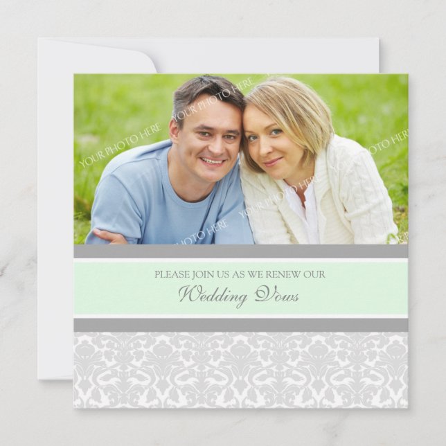 Mint Damask Photo Wedding Vow Renewal Invitations (Front)