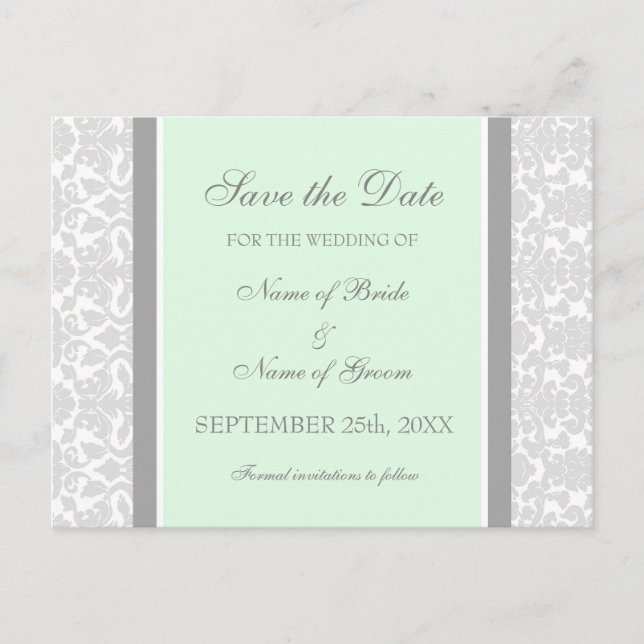 MInt Damask Save the Date Wedding Postcards (Front)