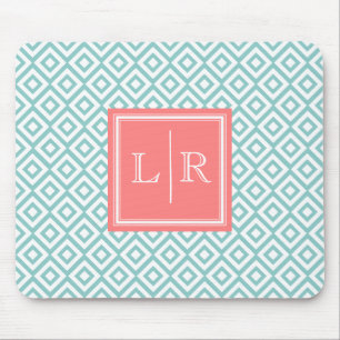 Mint Diamonds Pattern and Monogram Mouse Pad