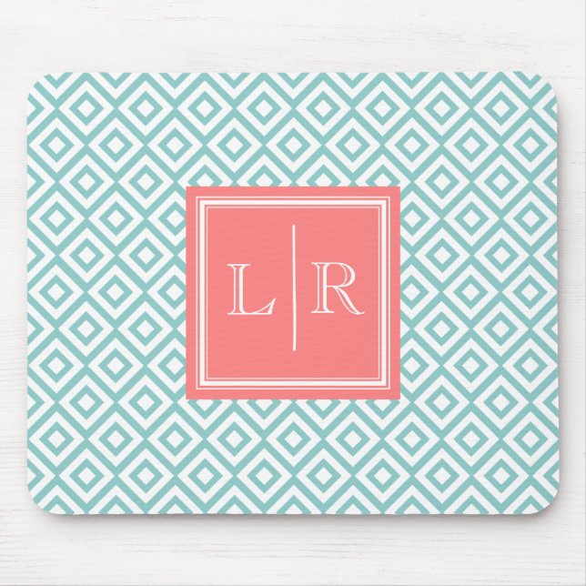 Mint Diamonds Pattern and Monogram Mouse Pad (Front)