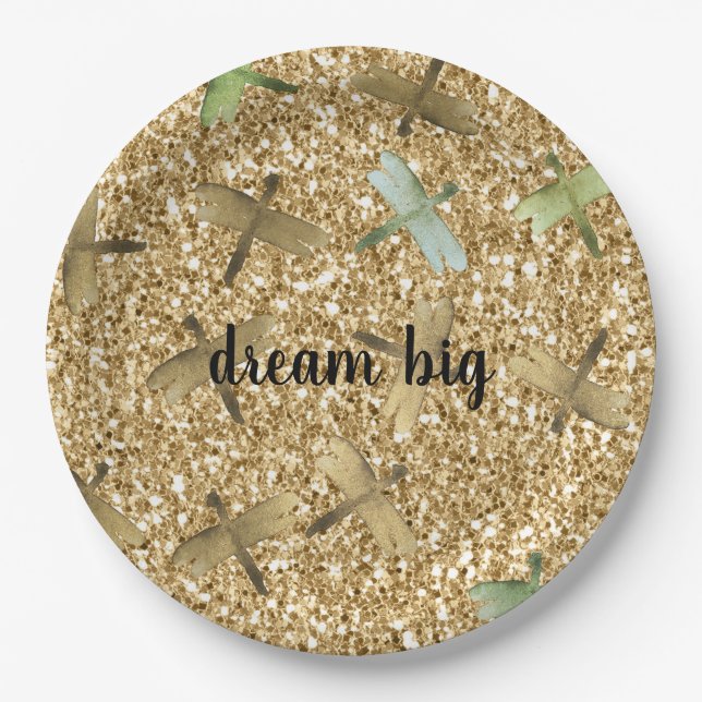 Mint Dragonflies Gold Glam Glitter Dream Paper Plate (Front)