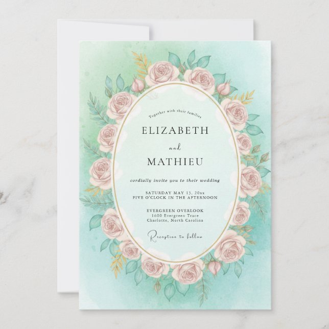 Mint Dusty Pink Wreath Wedding Invitation (Front)