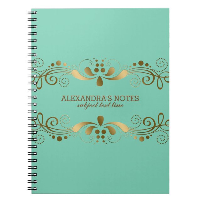 Mint & Elegant Gold Tones Floral Lace Frame Notebook (Front)