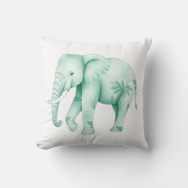 Mint Elephant with Jungle Leaves Cushion (Front)