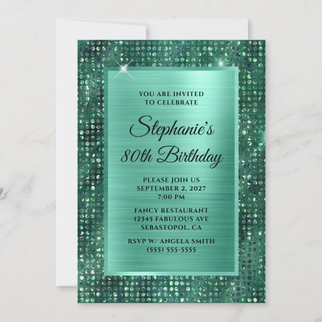 Mint Emerald Diamond Studded Foil 80th Birthday Invitation (Front)