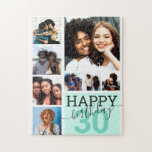 Mint Family Friends Photo Collage Happy Birthday Jigsaw Puzzle<br><div class="desc">This cool and cute happy birthday puzzle is perfect for any friend or family member. It features eight customisable photograph pictures with the quote, "Happy Birthday, " on top of a teal green "30" (which can be changed to any age) and mint green colour block square. It's modern, fun, and...</div>