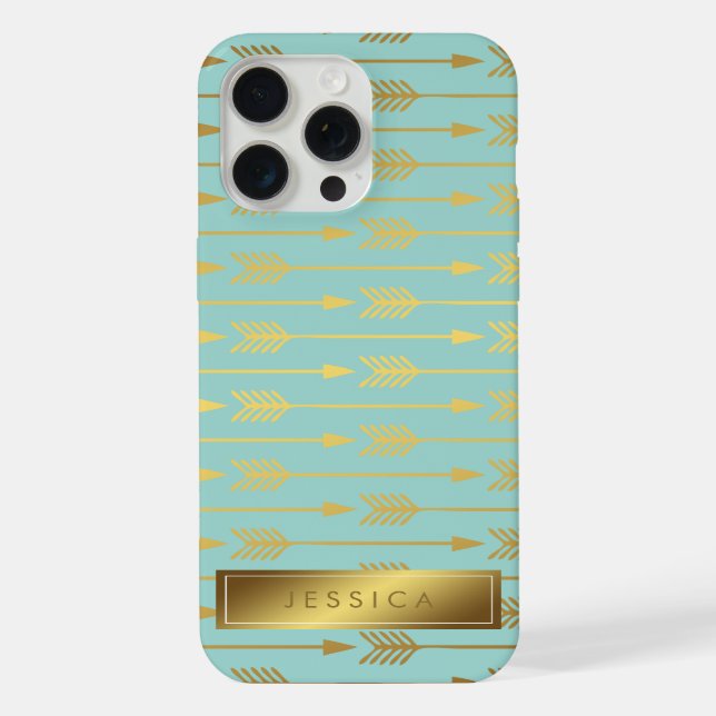 Mint Faux Gold Foil Arrows Pattern iPhone Case (Back)