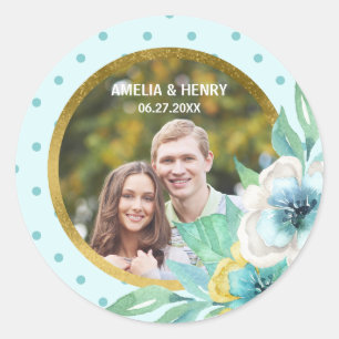 Mint Faux Gold, Watercolor Floral Wedding Photo Classic Round Sticker