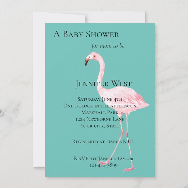 Mint Flamingo Baby Shower Invitation (Back)