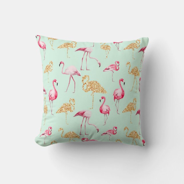 Mint, Flamingo Print. Cushion (Front)