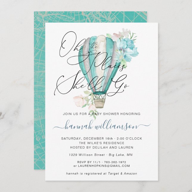 Mint Floral Hot Air Balloon Baby Shower Invitation (Front/Back)