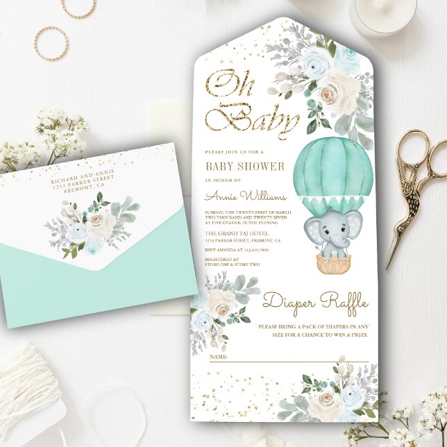 Mint Floral Hot Air Balloon Elephant Baby Shower All In One Invitation (Creator Uploaded)