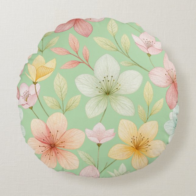 Mint Floral Round Pillow (Front)