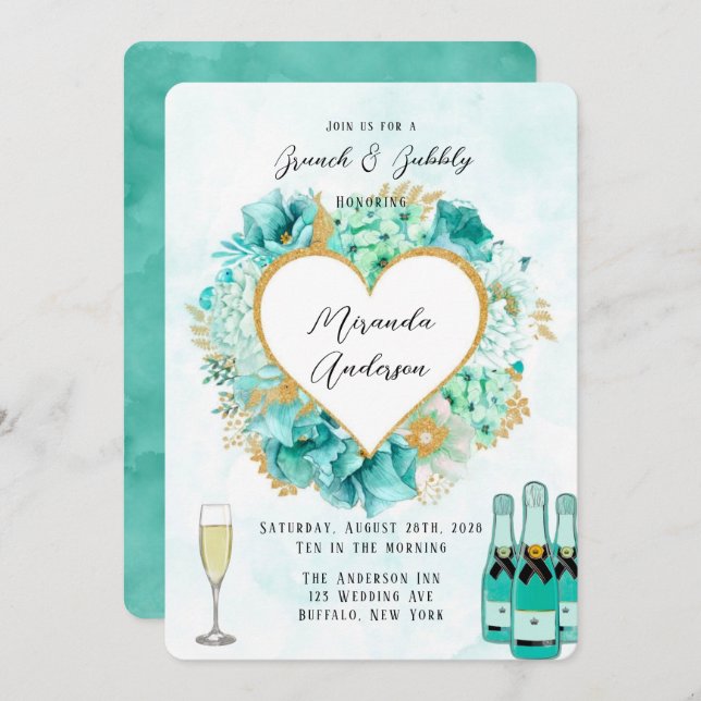 Mint Florals and Gold Foliage Brunch & Bubbly Invitation (Front/Back)