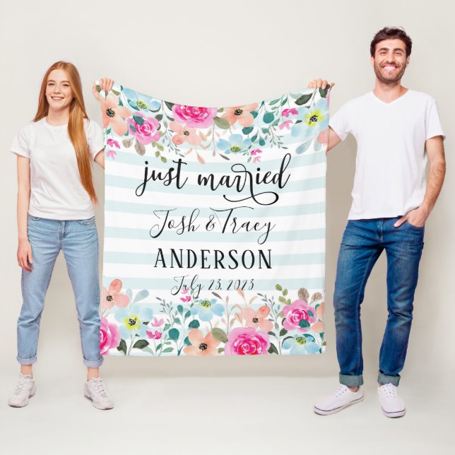 Mint Flower Just Married Announcement  Fleece Blanket (In Situ)